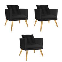 Kit 03 Poltrona Cadeira Milena Confort Com almofada Sala Recepção Escritório Pé Castanho Suede Preto - DAMAFFÊ MÓVEIS Kit 03 Poltrona Cadeira Milena Confort Com almofada Sala Recepção Escritório Pé Castanho Suede Preto - DAMAFFÊ MÓVEIS