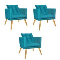 Kit 03 Poltrona Cadeira Milena Confort Com almofada Sala Recepção Escritório Pé Madeira Suede Azul Turquesa - DAMAFFÊ MÓVEIS