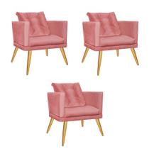 Kit 03 Poltrona Cadeira Milena Confort Com almofada Sala Recepção Escritório Pé Madeira Suede Rose Gold - DAMAFFÊ MÓVEIS Kit 03 Poltrona Cadeira Milena Confort Com almofada Sala Recepção Escritório Pé Madeira Suede Rose Gold - DAMAFFÊ MÓVEIS