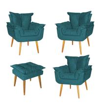Kit 03 Poltrona e Puff Opala Para Quarto Sala Recepção Suede Azul Turquesa - Ninho Decor