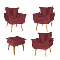 Kit 03 Poltrona e Puff Opala Para Quarto Sala Recepção Suede Vermelho - Ninho Decor