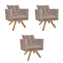 Kit 03 Poltrona Lucia Confort Base Giratória Madeira Com Almofada Sala Recepção Escritório material sintético Bege - KDAcanto Móveis