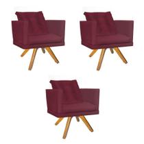 Kit 03 Poltrona Milena Confort Base Giratória Carvalho Com Almofada Sala Recepção Escritório Suede Bordô - DAMAFFÊ MÓVEIS Kit 03 Poltrona Milena Confort Base Giratória Carvalho Com Almofada Sala Recepção Escritório Suede Bordô - DAMAFFÊ MÓVEIS