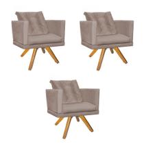 Kit 03 Poltrona Milena Confort Base Giratória Madeira Com Almofada Sala Recepção Escritório Suede Bege - DAMAFFÊ MÓVEIS