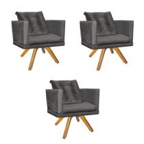 Kit 03 Poltrona Milena Confort Base Giratória Rústico Com Almofada Sala Recepção Escritório Suede Cinza - DAMAFFÊ MÓVEIS