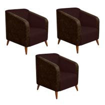 Kit 03 Poltrona Silmara Compose material sintético Nozes Decorativa Pés Madeira 2 Lugares Sala de Estar Recepção Escritório Consultório material sintético Marrom - Damaffê