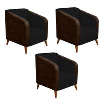 Kit 03 Poltrona Silmara Compose material sintético Nozes Decorativa Pés Madeira 2 Lugares Sala de Estar Recepção Escritório Consultório material sintético Preto - KDAcanto