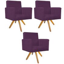 kit 03 Poltronas Arenzza Base Giratória de Madeira Suede Roxo - KDAcanto Móveis