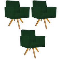 kit 03 Poltronas Arenzza Base Giratória de Madeira Suede Verde - DAMAFFÊ MÓVEIS