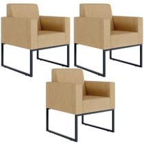 Kit 03 Poltronas Base De Metal Linho Bege Escuro