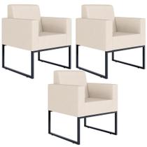 Kit 03 Poltronas Base Fixa De Metal Helô L02 Suede Bege