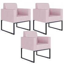 Kit 03 Poltronas Base Fixa De Metal Helô L02 Suede Rosê