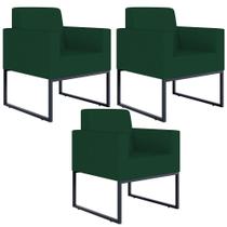 Kit 03 Poltronas Base Fixa Metal Helô L02 Suede Verde Musgo