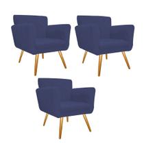 Kit 03 Poltronas Cadeira Decorativa Cloe Pé Palito Para Sala de Estar Recepção Escritório Suede Azul Marinho - Damaffê Móveis