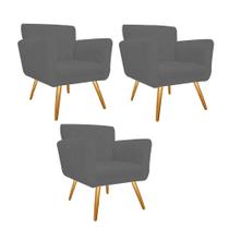 Kit 03 Poltronas Cadeira Decorativa Cloe Pé Palito Para Sala de Estar Recepção Escritório Suede Cinza - KDAcanto Móveis