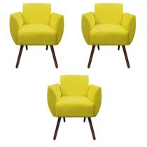 Kit 03 Poltronas Decorativa Kelly Pés Palito Suede Amarelo - D'Classe Decor