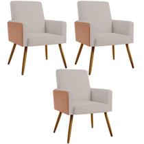 Kit 03 Poltronas Decorativa Maria W01 Pés Palito Linho Bege Material Sintético Camel - Lyam Decor Kit 03 Poltronas Decorativa Maria W01 Pés Palito Linho Bege Material Sintético Camel - Lyam Decor