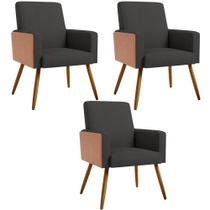 Kit 03 Poltronas Decorativa Maria W01 Pés Palito Linho Chumbo Material Sintético Camel - Lyam Decor