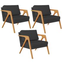 Kit 03 Poltronas Decorativa Para Sala Estar Pietra Estrutura De Madeira L02 Suede Preto - Lyam Decor Kit 03 Poltronas Decorativa Para Sala Estar Pietra Estrutura De Madeira L02 Suede Preto - Lyam Decor