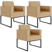 Kit 03 Poltronas Decorativa Sala Recepção Base Fixa De Metal Helô L02 Linho Bege Escuro - Lyam Decor