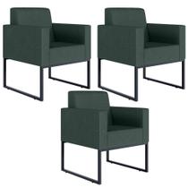 Kit 03 Poltronas Decorativa Sala Recepção Base Fixa De Metal Helô L02 Linho Verde Musgo - Lyam Decor