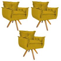 kit 03 Poltronas Decorativas Apolo Base Giratória de Madeira Suede Amarelo