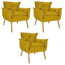 kit 03 Poltronas Decorativas Apolo Palito Mel Suede Amarelo