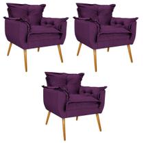 kit 03 Poltronas Decorativas Apolo Palito Mel Suede Roxo