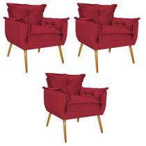 kit 03 Poltronas Decorativas Apolo Palito Mel Suede Vermelho