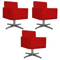 kit 03 Poltronas Decorativas Arenzza Base Giratória de Metal Corano Vermelho - DAMAFFÊ MÓVEIS