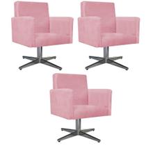 kit 03 Poltronas Decorativas Arenzza Base Giratória de Metal Suede Rosa Bebê - KDAcanto Móveis