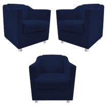 kit 03 Poltronas Decorativas Babel Sala de Estar Recepção Suede Azul Marinho - DAMAFFÊ MÓVEIS