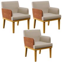 Kit 03 Poltronas Decorativas Base Mel Beatriz W01 Linho Bege material sintético Camel - Lyam Decor