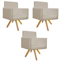 kit 03 Poltronas Decorativas Beatriz Base Giratória de Madeira Corano Bege