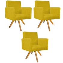 kit 03 Poltronas Decorativas Beatriz Base Giratória de Madeira Suede Amarelo