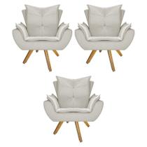 kit 03 Poltronas Decorativas Fenzzi Base Giratória de Madeira Suede Bege - DAMAFFÊ MÓVEIS