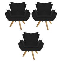 kit 03 Poltronas Decorativas Fenzzi Base Giratória de Madeira Suede Preto - DAMAFFÊ MÓVEIS