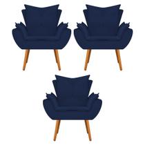 kit 03 Poltronas Decorativas Fenzzi Palito Mel Suede Azul Marinho - DAMAFFÊ MÓVEIS