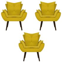kit 03 Poltronas Decorativas Fenzzi Palito Tabaco Suede Amarelo - DAMAFFÊ MÓVEIS