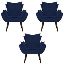 kit 03 Poltronas Decorativas Fenzzi Palito Tabaco Suede Azul Marinho - DAMAFFÊ MÓVEIS