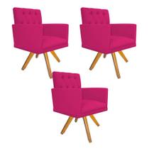 kit 03 Poltronas Decorativas Fernanda Base Giratória de Madeira Suede Pink