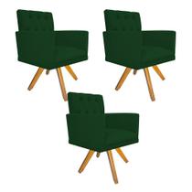 kit 03 Poltronas Decorativas Fernanda Base Giratória de Madeira Suede Verde