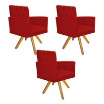 kit 03 Poltronas Decorativas Fernanda Base Giratória de Madeira Suede Vermelho