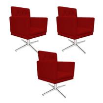 kit 03 Poltronas Decorativas Fernanda Base Giratória de Metal Corano Vermelho