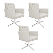 kit 03 Poltronas Decorativas Fernanda Base Giratória de Metal Suede Bege