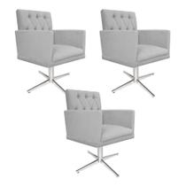 kit 03 Poltronas Decorativas Fernanda Base Giratória de Metal Suede Cinza