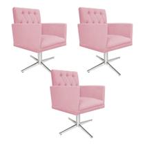 kit 03 Poltronas Decorativas Fernanda Base Giratória de Metal Suede Rosa Bebê