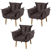 Kit 03 Poltronas Decorativas Francis Pés Palito Suede Marrom - Desk Design