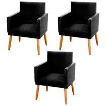 Kit 03 Poltronas Decorativas Lauren Pés Palito Suede Preto - Abmaza Kit 03 Poltronas Decorativas Lauren Pés Palito Suede Preto - Abmaza