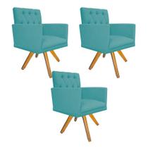 kit 03 Poltronas Decorativas Nanda Base Giratória de Madeira Suede Azul Turquesa - DAMAFFÊ MÓVEIS